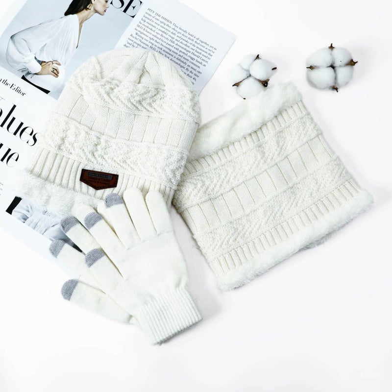 HINDAWI Winter Beanie Hat Scarf Gloves for Women Men Slouchy Snow Knit Skull Cap Infinity Scarf Touch Screen Mittens White - Image 3